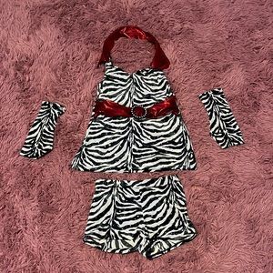 red, black, and white zebra print sequined dance costume
